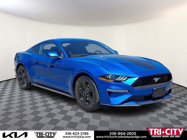 2019 Ford Mustang EcoBoost in Blue Metallic — front three-quarter view